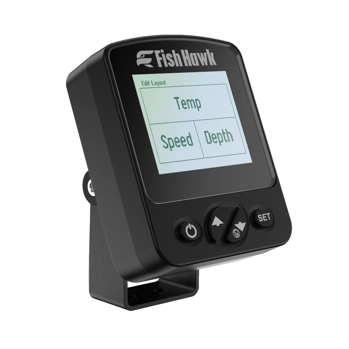 Fish Hawk ONE display showing speed, temperature, and depth fields