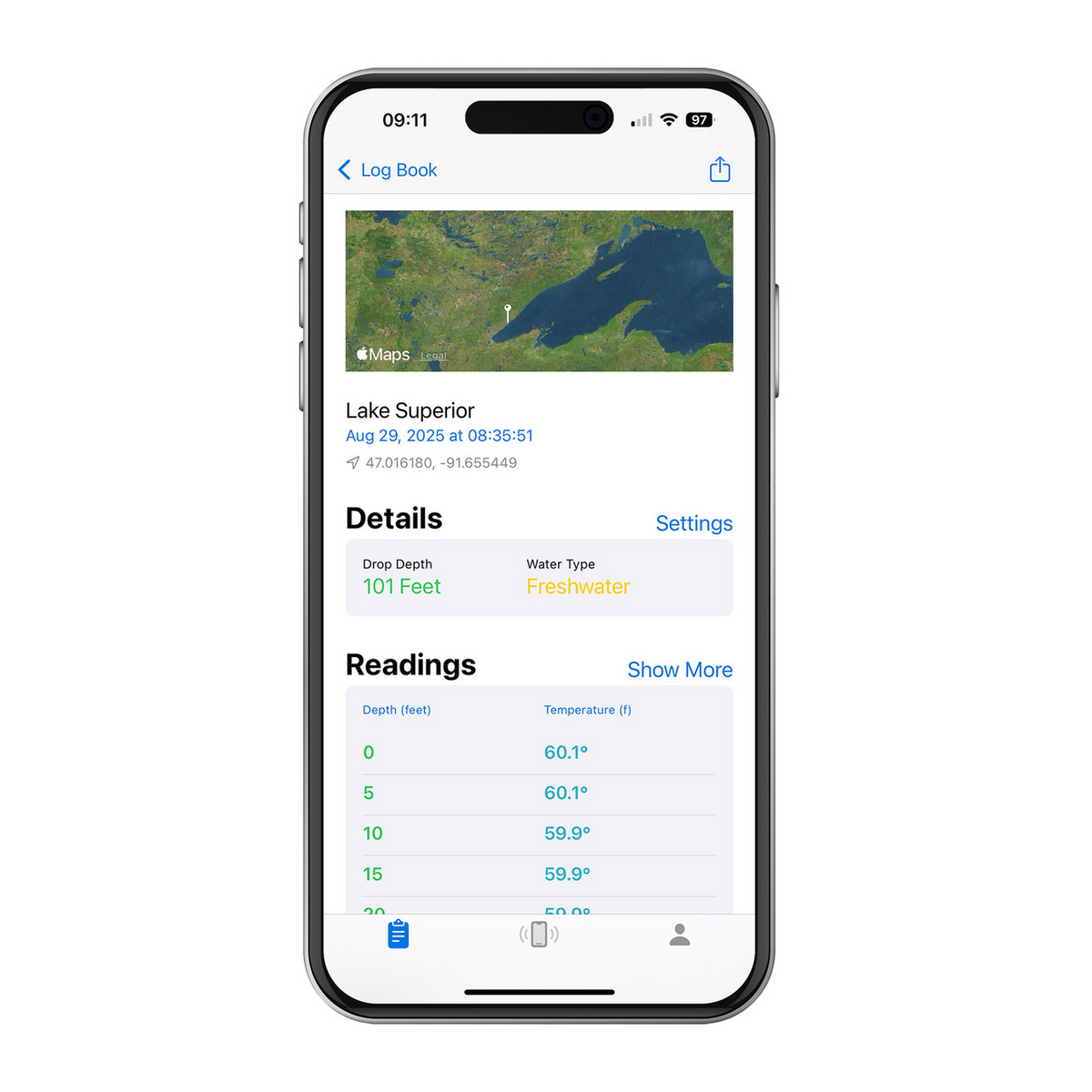 Fish Hawk TD Connect app showing temperature and depth profile on a phone